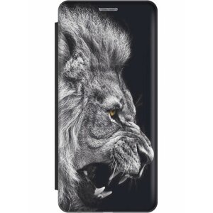 Чехол-книжка на Samsung Galaxy A13 5G, Самсунг А13 с 3D принтом "Морда льва" черный