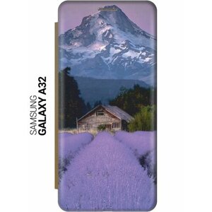 Чехол-книжка на Samsung Galaxy A32, Самсунг А32 c принтом "Лавандовое поле в горах" золотистый