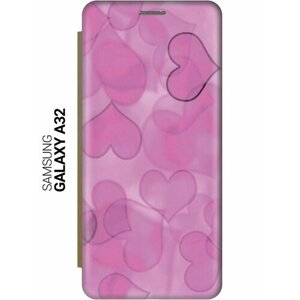 Чехол-книжка на Samsung Galaxy A32, Самсунг А32 c принтом "Розовые сердечки" золотистый