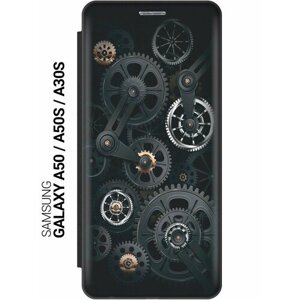 Чехол-книжка на Samsung Galaxy A50, A50s, A30s, Самсунг А50, А30с, А50с c принтом "Механизм" черный