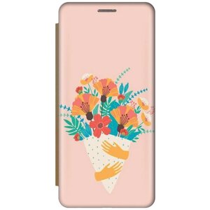 Чехол-книжка на Samsung Galaxy A6+2018), Самсунг А6 Плюс 2018 c принтом "Букет на розовом" золотистый