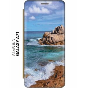 Чехол-книжка на Samsung Galaxy A71, Самсунг А71 c принтом "Скалистый берег" золотистый