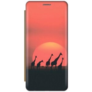 Чехол-книжка на Samsung Galaxy S22 Ultra, Самсунг С22 Ультра c принтом "Жирафы" золотистый