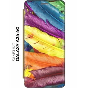 Чехол-книжка Разноцветные перья на Samsung Galaxy A24 / Самсунг А24 золотой