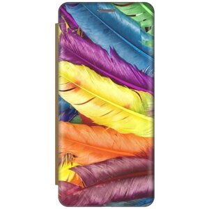 Чехол-книжка Разноцветные перья на Samsung Galaxy Note 10 / Самсунг Ноут 10 золотой