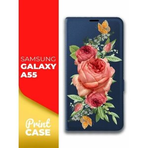 Чехол на Samsung Galaxy A55 (Самсунг Галакси А55) синий книжка эко-кожа подставка отделение для карт магнит Book case, Miuko (принт) Розовые Розы