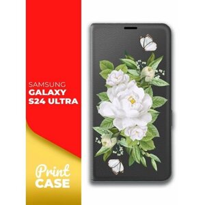Чехол на Samsung Galaxy S24 Ultra (Самсунг Галакси С24 Ультра) черный книжка эко-кожа отделение для карт магнит Book case, Miuko (принт) Цветы белые