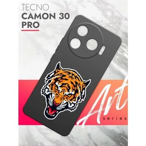 Чехол на Tecno Camon 30 Pro (Техно Камон 30 Про) черный матовый силиконовый с защитой (бортиком) вокруг камер, Brozo (принт) Тигр Цветной