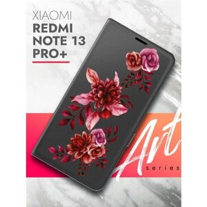 Чехол на Xiaomi Redmi Note 13 Pro+Ксиоми Редми Ноте 13 Про+черный книжка экокожа подставка магнит Book case, Brozo (принт) Гранатовые Цветы