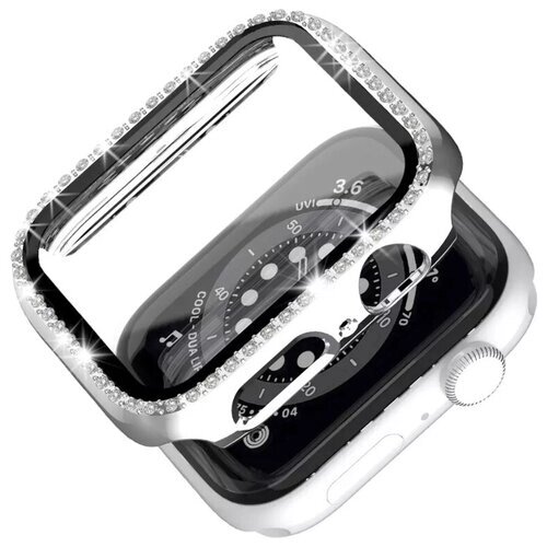 Чехол со стразами + стекло для Apple Watch 40 mm серебро