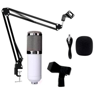 Конденсаторный микрофон BM-800 с кабелем XLR Jack 3.5 mm, ветрозащитой и держателем прищепкой на настольном пантографе NB, белый