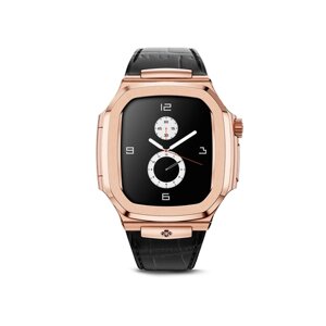Корпус для часов Golden Concept для Apple Watch 45 мм, нержавеющая сталь / натуральная кожа, розово-золотистый / черный