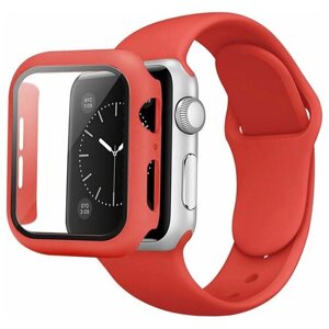 Красный защитный чехол для Apple Watch 40мм в комплекте с силиконовым ремешком красного цвета