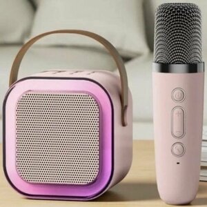 Мини караоке Bluetooth колонка с 1 микрофоном K12. розовая.