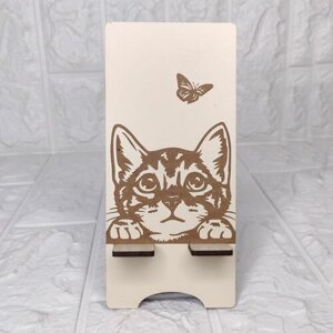 Подставка деревянная под телефон "Котик с бабочкой"