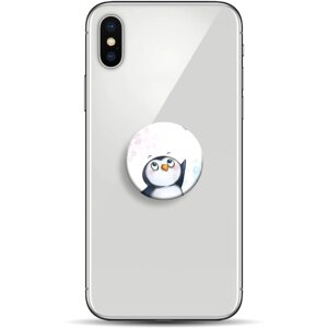 Попсокет белый с рисунком Пингвин и сердечко / Держатель для телефона круглый с принтом