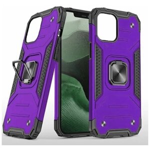 Противоударный чехол для iPhone 14 фиолетовый с пластиной для магнитного автодержателя и кольцом подставкой