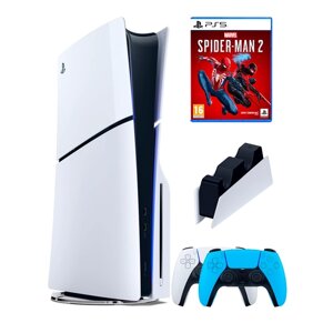 PS5 (ПС5) Игровая приставка Sony PlayStation 5 Slim disc + 2-й геймпад (голубой)+ зарядное + игра Spider-Man2