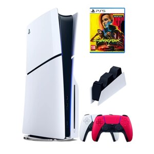 PS5 (ПС5) Игровая приставка Sony PlayStation 5 Slim disc + 2-й геймпад (красный) + зарядное + игра Cyberpunk