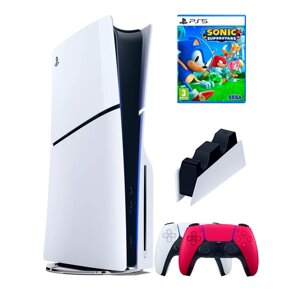 PS5 (ПС5) Игровая приставка Sony PlayStation 5 Slim disc + 2-й геймпад (красный) + зарядное + игра SonicSS