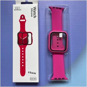 Ремешок для Apple Watch 1-7 44 мм силиконовый эластичный Малиновый / Защитное стекло на Apple Watch 1-7 44 мм