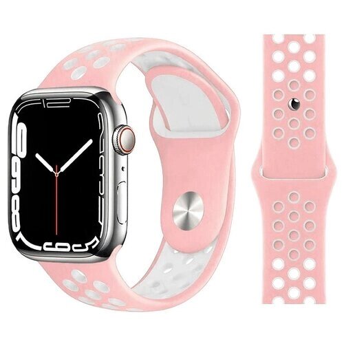 Ремешок силиконовый перфорированный Sport NK для Apple Watch 42/44/45/49 мм, на кнопке, розовый+белый (35)
