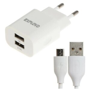 Сетевое зарядное устройство Exployd EX-Z-465, 2 USB, 3.1A, кабель microUSB, белое