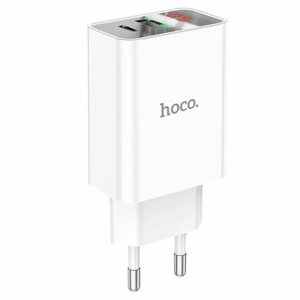Сетевой адаптер Hoco C100A PD, QC3.0, USB/Type-C, 20W, цвет белый, 1 шт