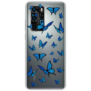 Силиконовый чехол на Huawei P40 Pro / Хуавей П40 Про "Синие бабочки", прозрачный