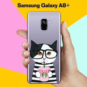 Силиконовый чехол на Samsung Galaxy A8+ Кот с кофе / для Самсунг Галакси А8 Плюс