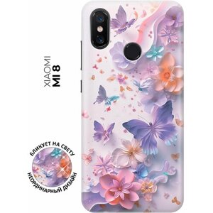 Силиконовый чехол на Xiaomi Mi 8 с принтом "Фиолетовые бабочки и бумажные цветы"