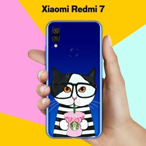 Силиконовый чехол на Xiaomi Redmi 7 Кот с кофе / для Сяоми Редми 7