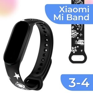 Силиконовый ремешок для смарт часов Xiaomi Mi Band 3 и 4 / Спортивный сменный браслет на фитнес трекер Сяоми Ми Бэнд 3 и 4 с рисунком / Cosmos Black