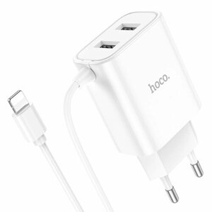 СЗУ, 2 USB 2.1A (C103A), HOCO, Lightning встроенный кабель, белый