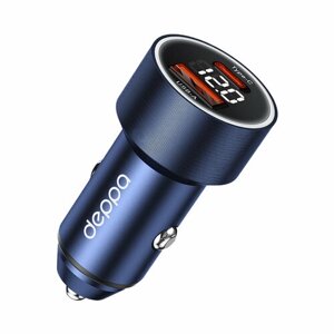 Автомобильное зарядное устройство Car Charger USB A + USB-C, PD, QC 3.0, 75W, дисплей, металл, синий, Deppa, крафт, Deppa 11216-OZ