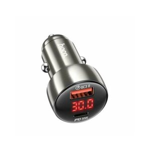 Автомобильное зарядное устройство HOCO Z50 Metal Shell, USB-C PD30W + USB QC3.0, 3А, 48W, LED дисплей, Серый