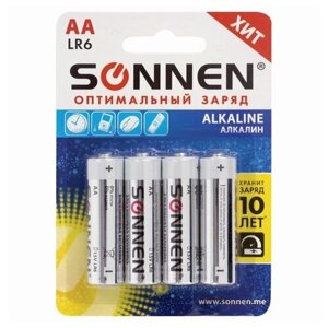 Батарейки комплект 4 SONNEN Alkaline АА (LR6 15А) алкалиновые пальчиковые блистер, 12 шт
