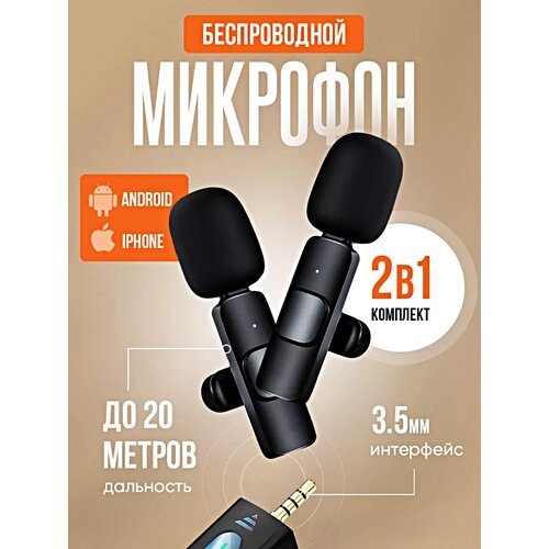 Беспроводной петличный микрофон с разъемом mini jack 3.5mm, комплект из 2 петличек, Черный, SpaceCat