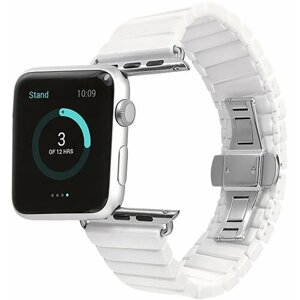 Блочный керамический ремешок для смарт часов Apple Watch 1-9, SE 42-44-45-49 мм / Сменный браслет на Эпл Вотч 1, 2, 3, 4, 5, 6, 7, 8, 9, СЕ / Белый