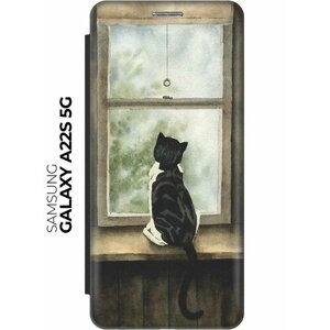 Чехол-книжка Кот у окна на Samsung Galaxy A22s 5G / Самсунг А22с черный