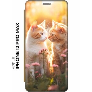 Чехол-книжка на Apple iPhone 12 Pro Max / Эпл Айфон 12 Про Макс с рисунком "Влюбленные котики" золотой