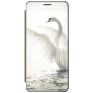 Чехол-книжка на Samsung Galaxy A03s, Самсунг А03с c принтом "Лебедь" золотистый