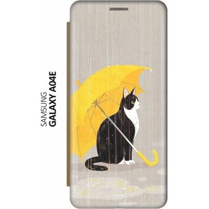 Чехол-книжка на Samsung Galaxy A04e / Самсунг А04е c принтом "Кот с желтым зонтом" золотистый