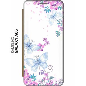 Чехол-книжка на Samsung Galaxy A05 / Самсунг А05 с рисунком "Бабочки и фиалки" золотистый