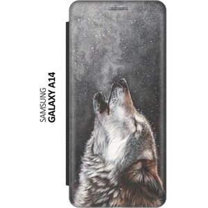 Чехол-книжка на Samsung Galaxy A14, Самсунг А14 c принтом "Морозный волк" черный