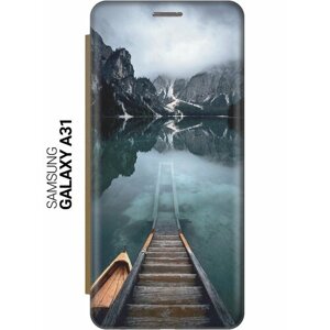 Чехол-книжка на Samsung Galaxy A31, Самсунг А31 c принтом "Горы, озеро, облака" золотистый