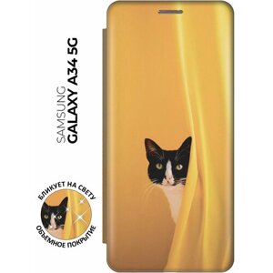Чехол-книжка на Samsung Galaxy A34 5G / Самсунг А34 с рисунком "Выглядывающий котик" золотистый