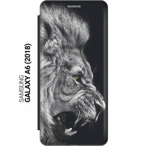 Чехол-книжка на Samsung Galaxy A6 (2018), Самсунг А6 2018 с 3D принтом "Морда льва" черный