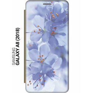 Чехол-книжка на Samsung Galaxy A8 (2018), Самсунг А8 2018 с 3D принтом "Лазурные орхидеи" золотой