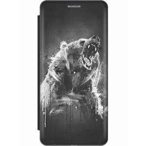 Чехол-книжка на Samsung Galaxy S22 Ultra, Самсунг С22 Ультра с 3D принтом "Разъяренный медведь" черный